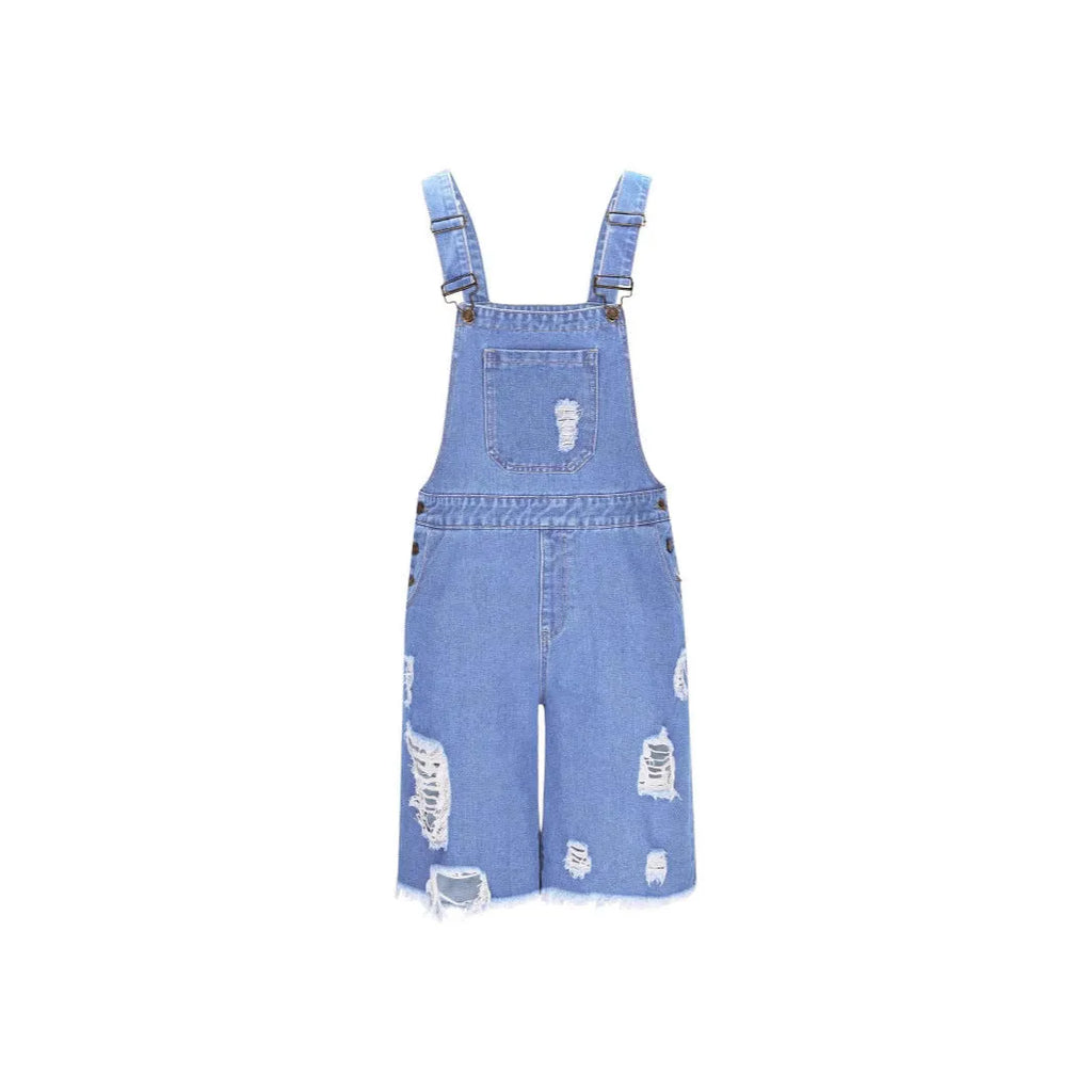 Men's ripped denim shorts in dark blue, light blue, and black with a straight-leg cut.