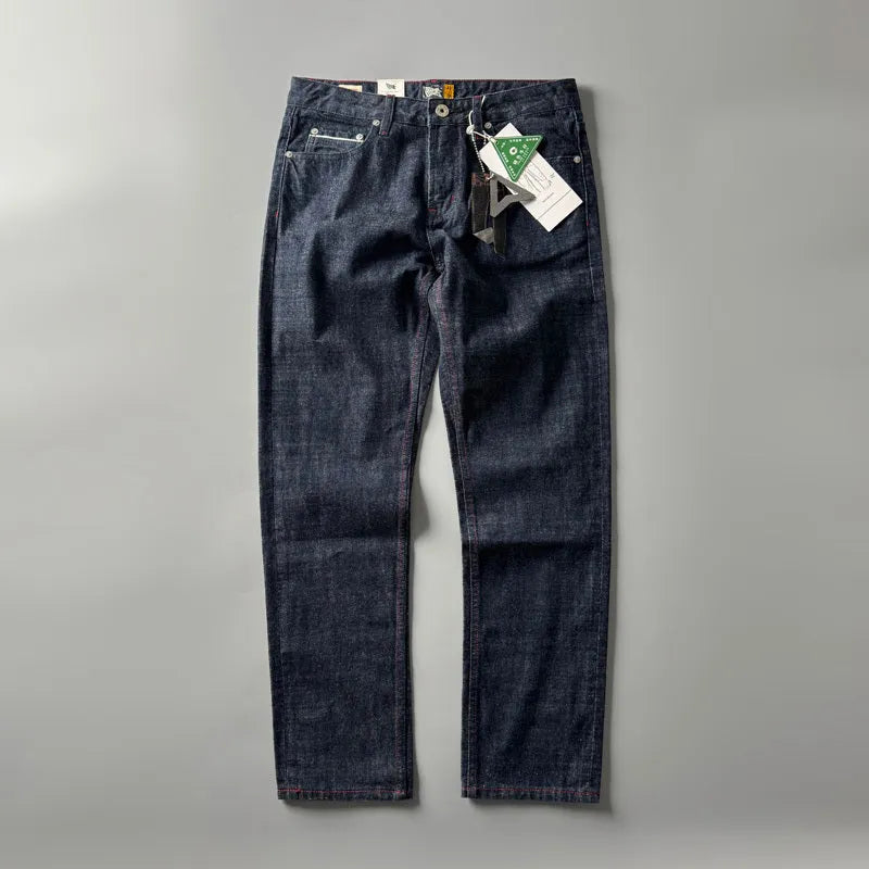 Men's primary colour straight leg jeans with a five-pocket design and mid-rise waist.