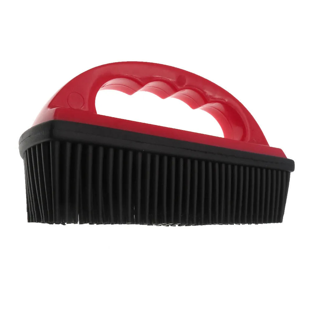 Red silicone pet hair removal brush with ergonomic handle for bath grooming and carpet cleaning