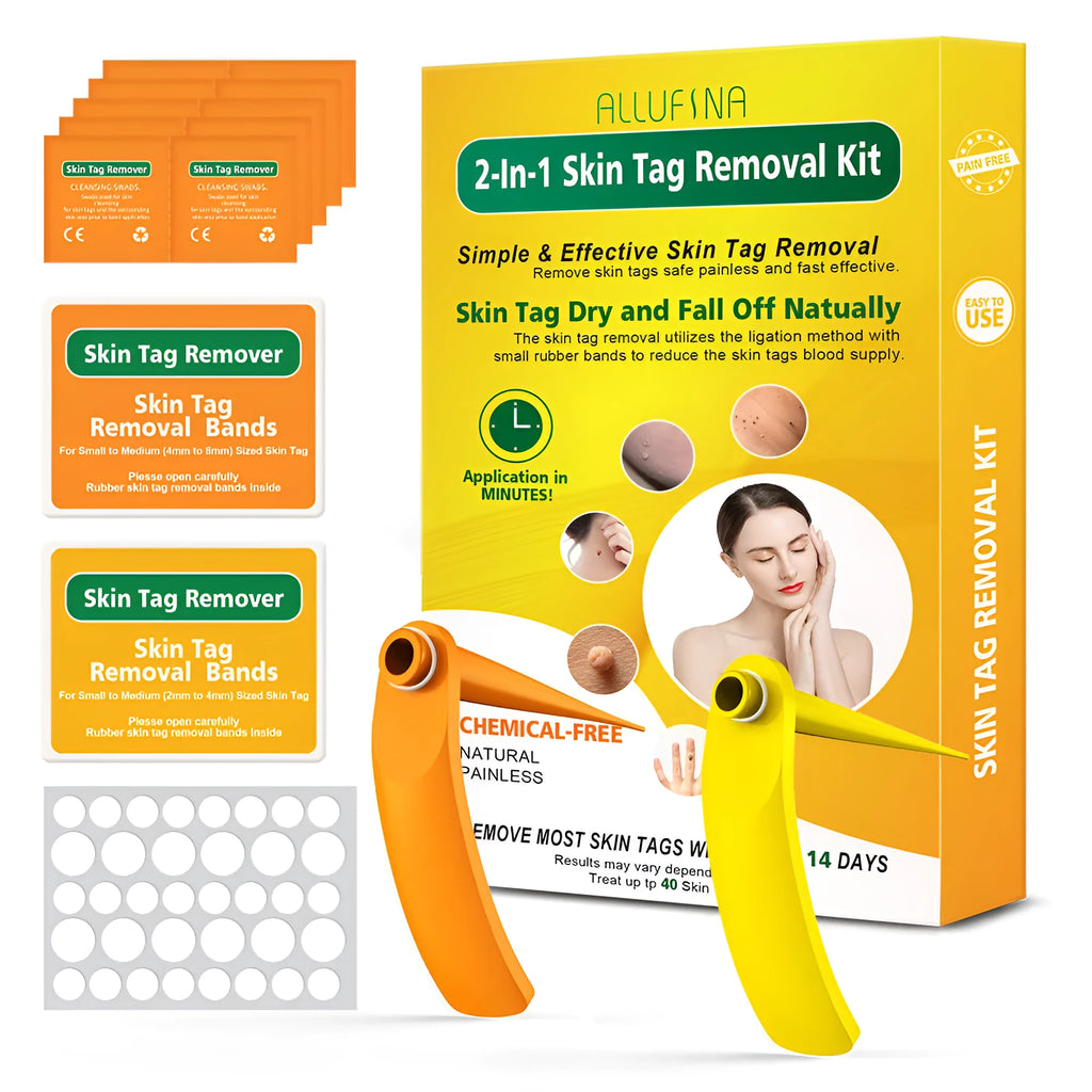 Orange handheld mole removal device with rubber rings, cones, alcohol swabs, and manual