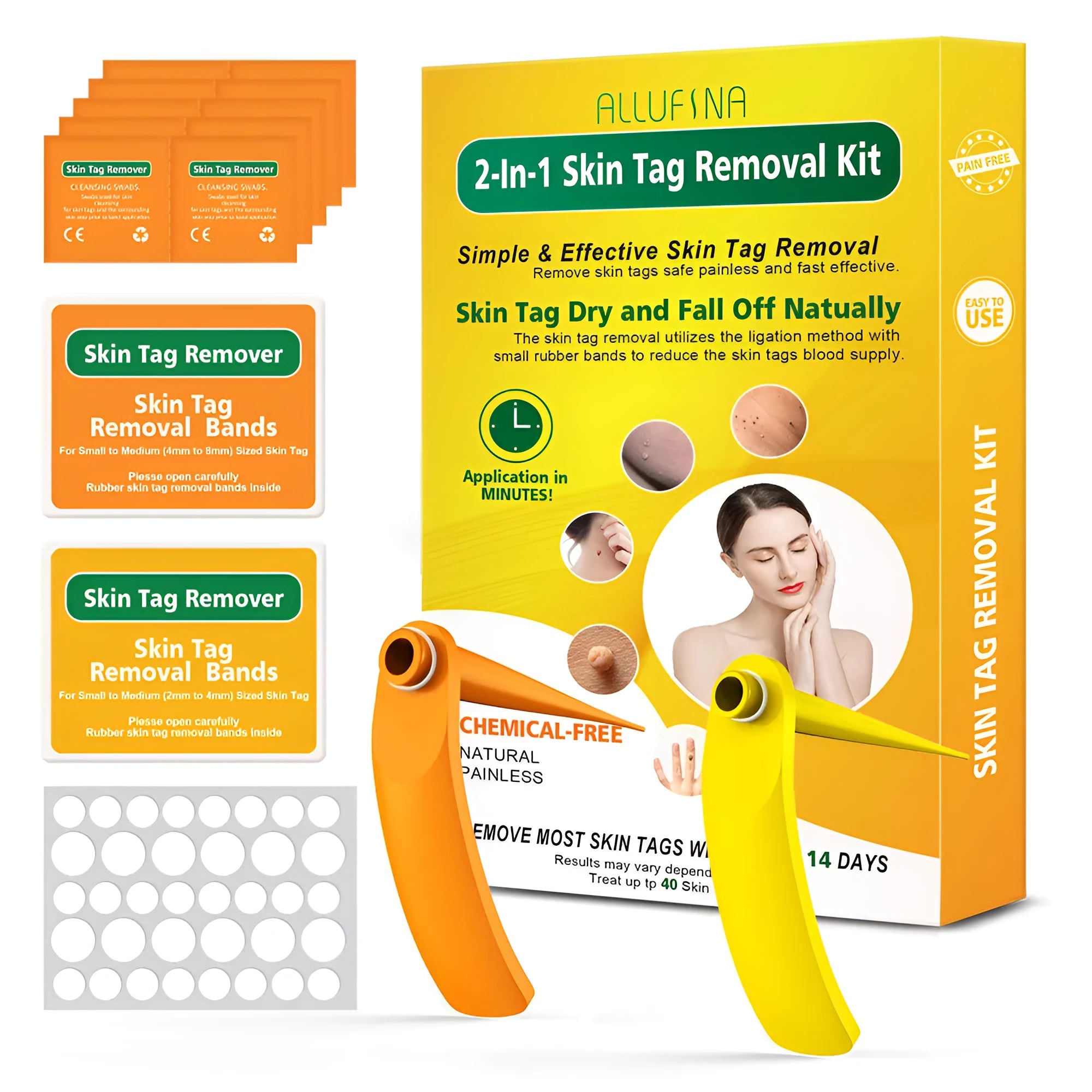 Orange handheld mole removal device with rubber rings, cones, alcohol swabs, and manual
