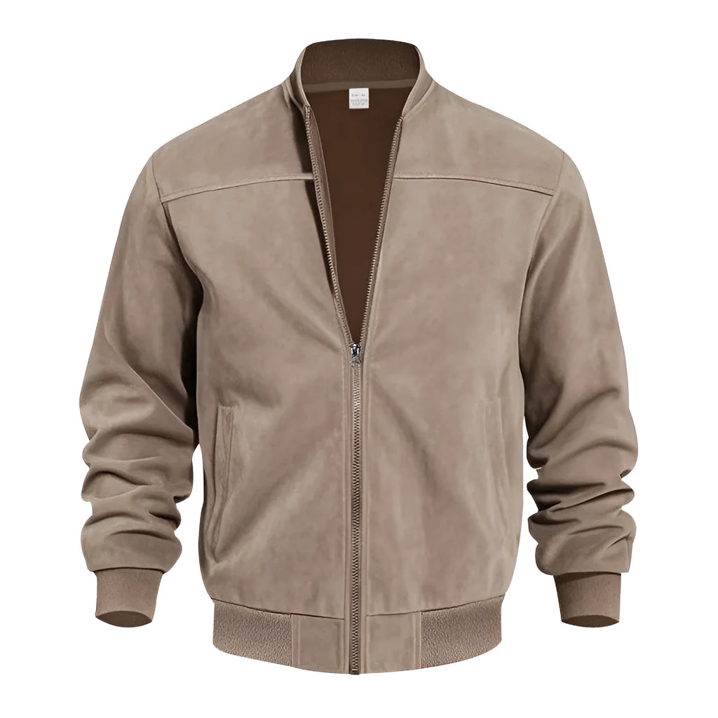 Men's plus size suede zip-up jacket in Army Green colour on a hanger.