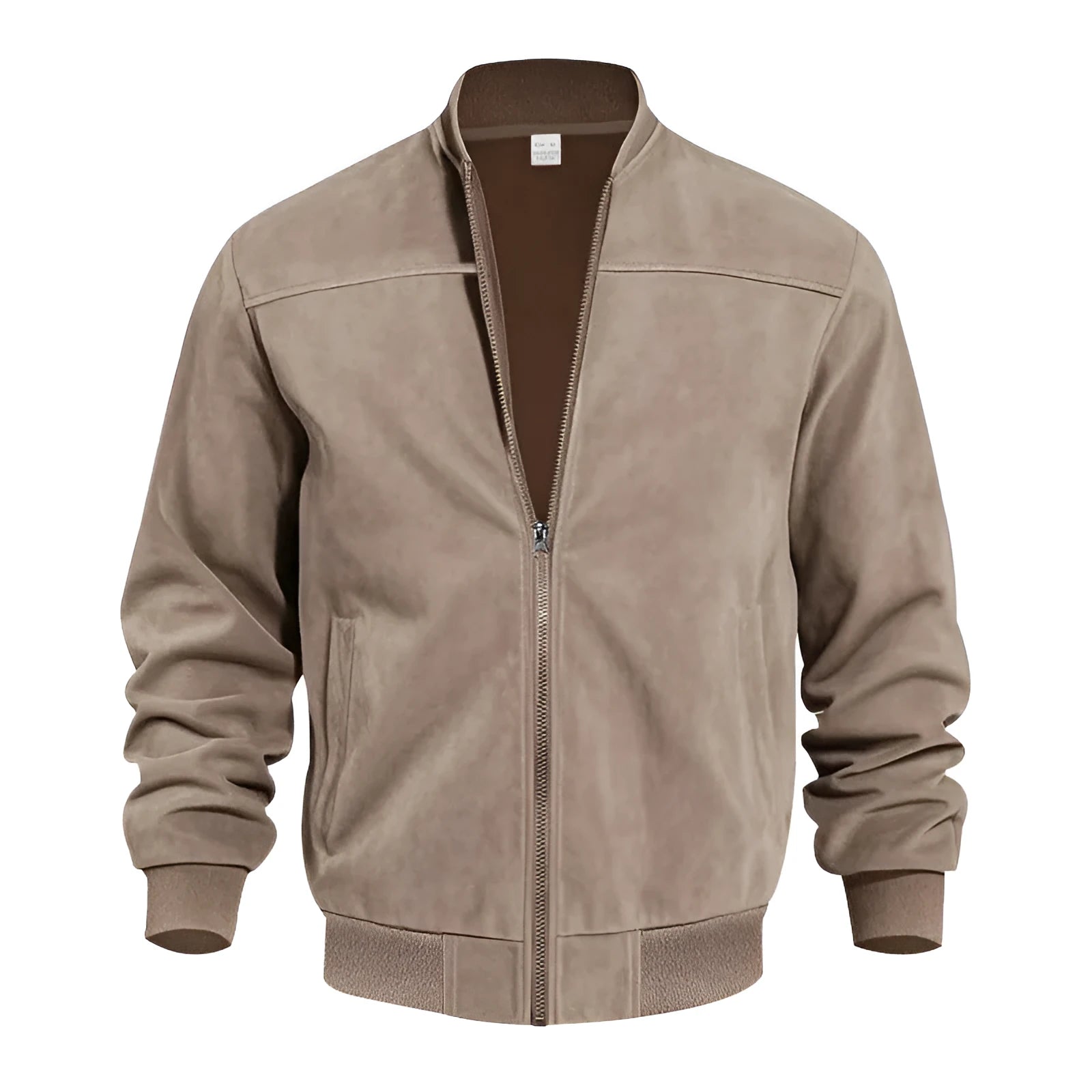 Men's plus size suede zip-up jacket in Army Green colour on a hanger.