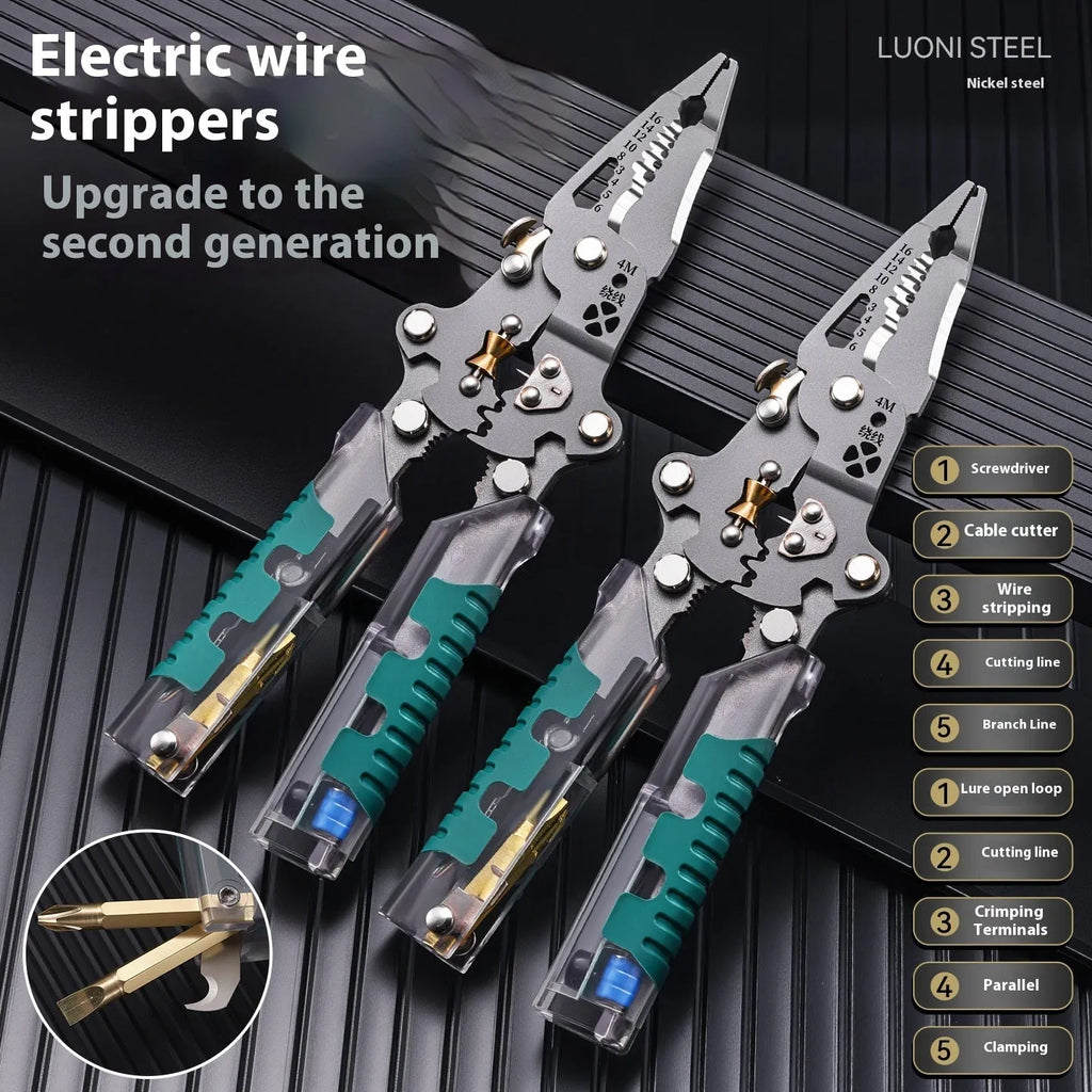 Thickened multi-functional electric wire stripper and pointed pliers tool on a workbench.