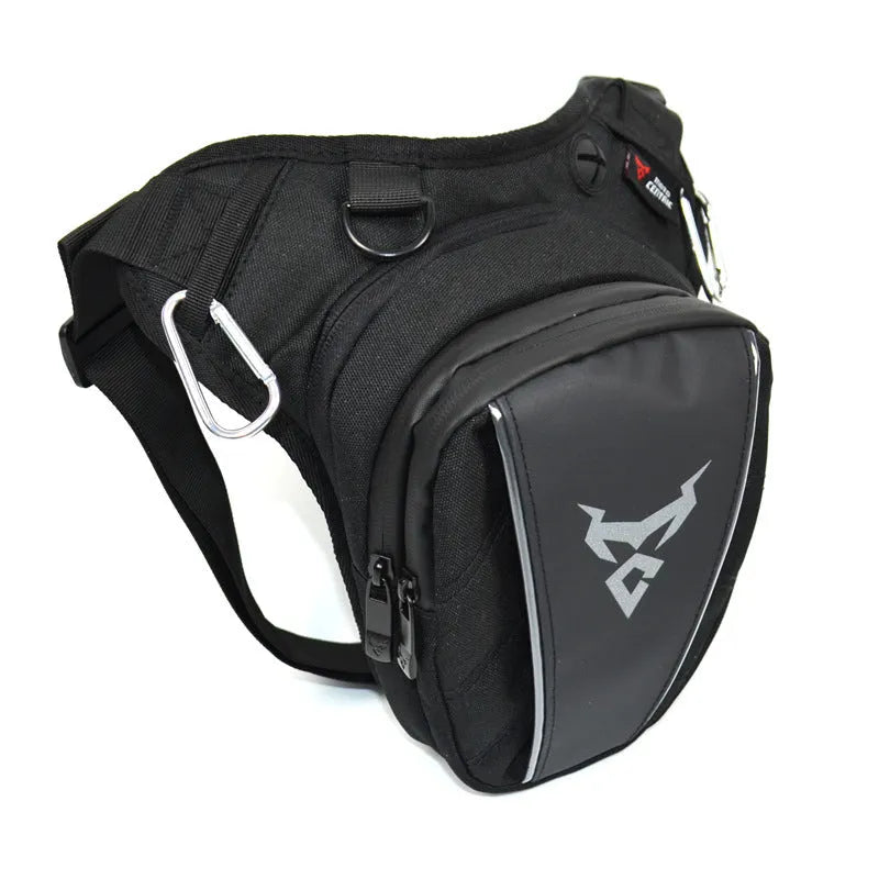 Motorcycle rider wearing a grey 1200D Oxford leg bag on their thigh.