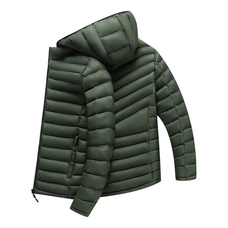 Men's lightweight down cotton-padded hooded jacket in cardigan style with detachable collar.