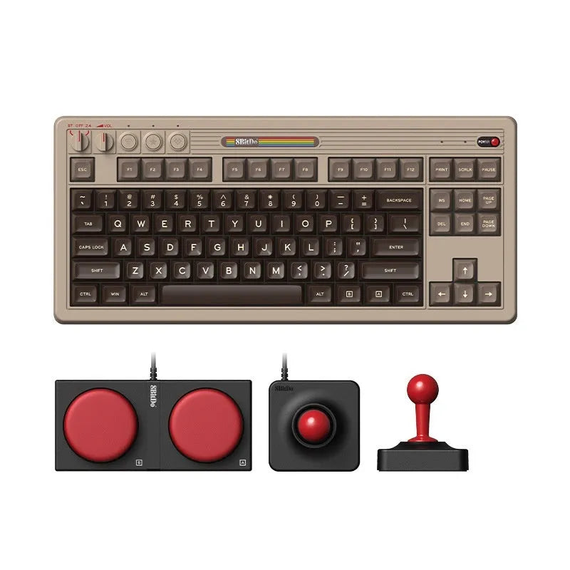 Retro C64-style wireless Bluetooth mechanical gaming keyboard with ABS construction on desk