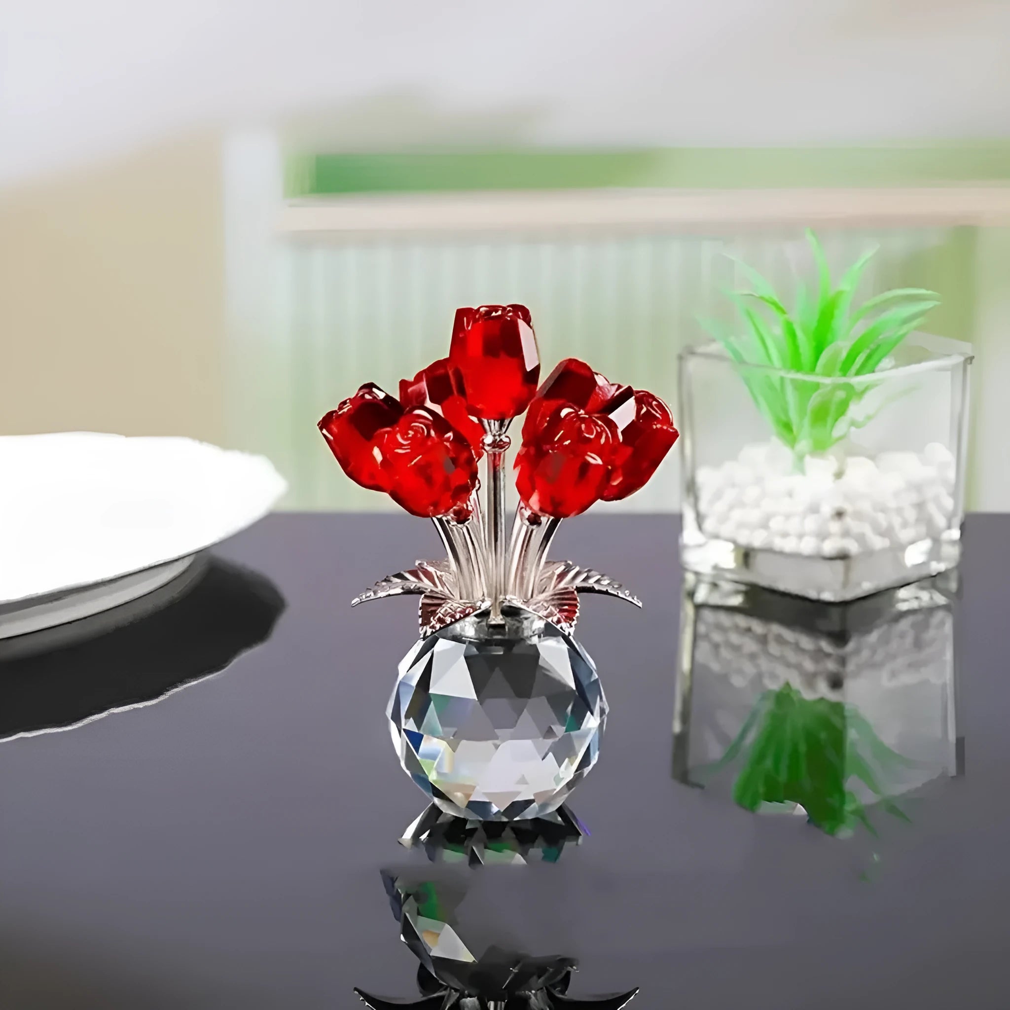 K9 crystal glass rose decoration with geometric Chinese style design in multiple colour options