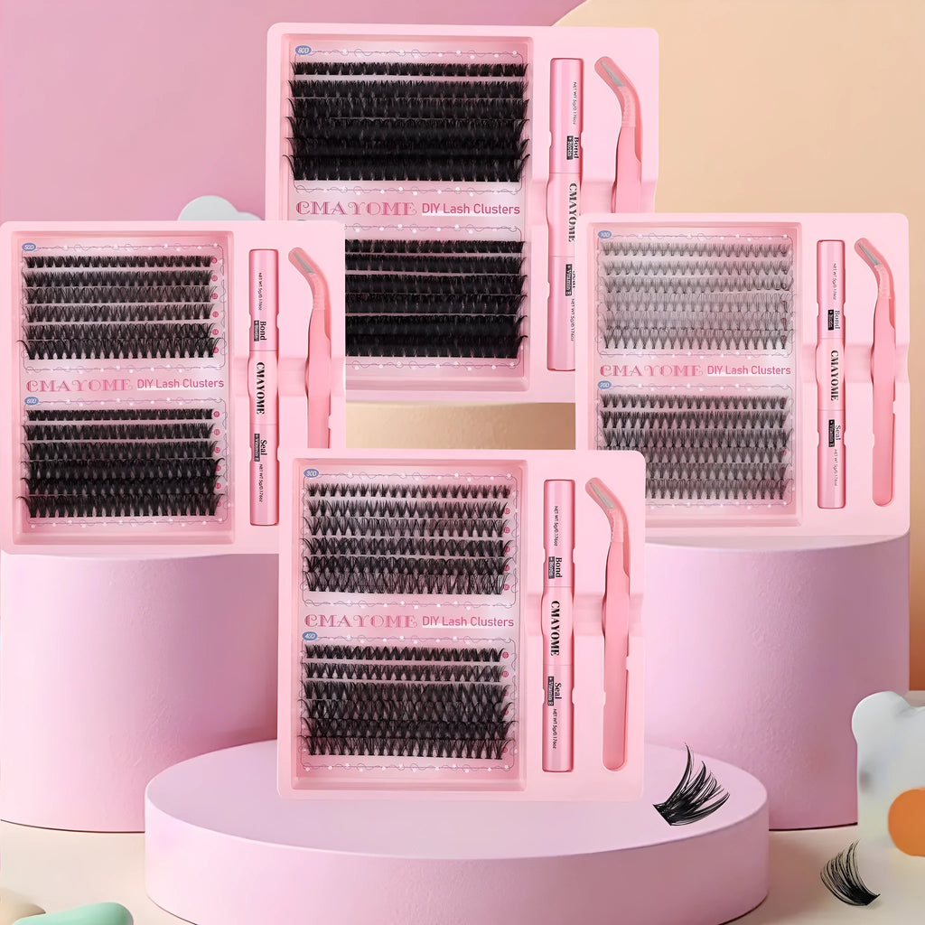 DIY single cluster false eyelashes with artificial fibre construction and applicator tools for custom placement