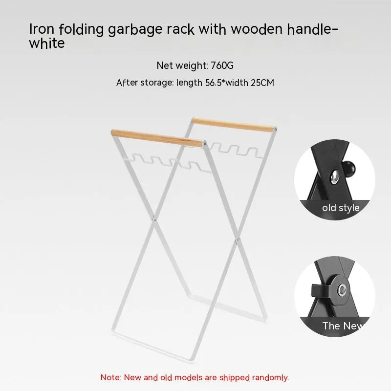 Outdoor wooden handle iron folding trash rack in black or white for garden waste storage