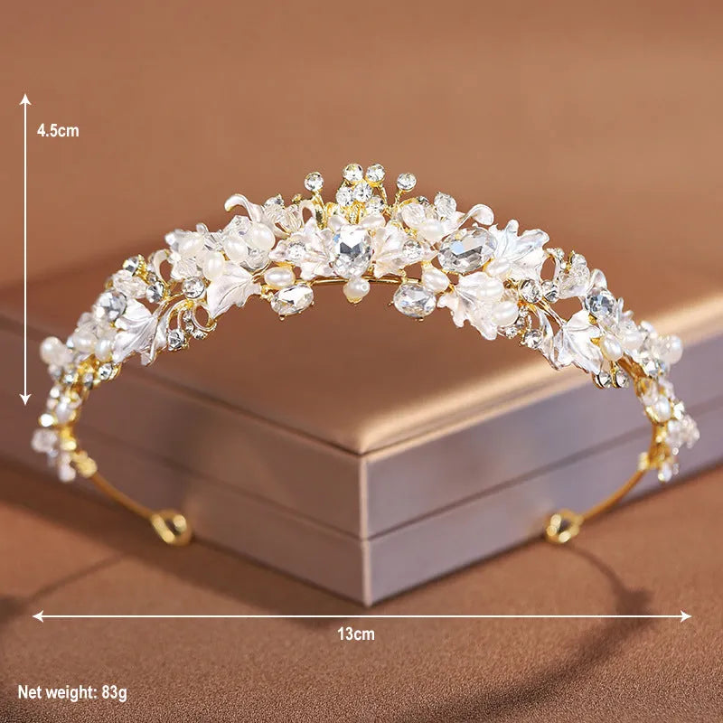 Gold and silver alloy pearl crown headdress for women's weddings and formal events.
