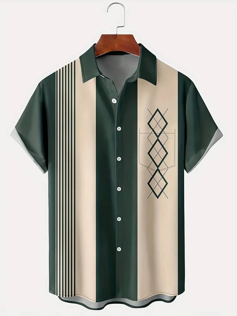 Men's loose plaid short-sleeve shirt with a contrast colour lapel collar, shown in a cardigan style.