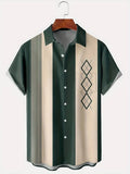 Men's loose plaid short-sleeve shirt with a contrast colour lapel collar, shown in a cardigan style.