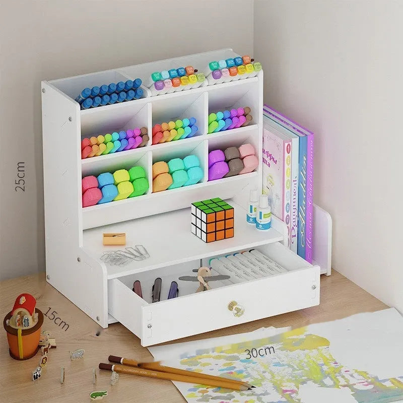 Square plastic oblique insertion pen storage organiser with multiple grid compartments on a desk.