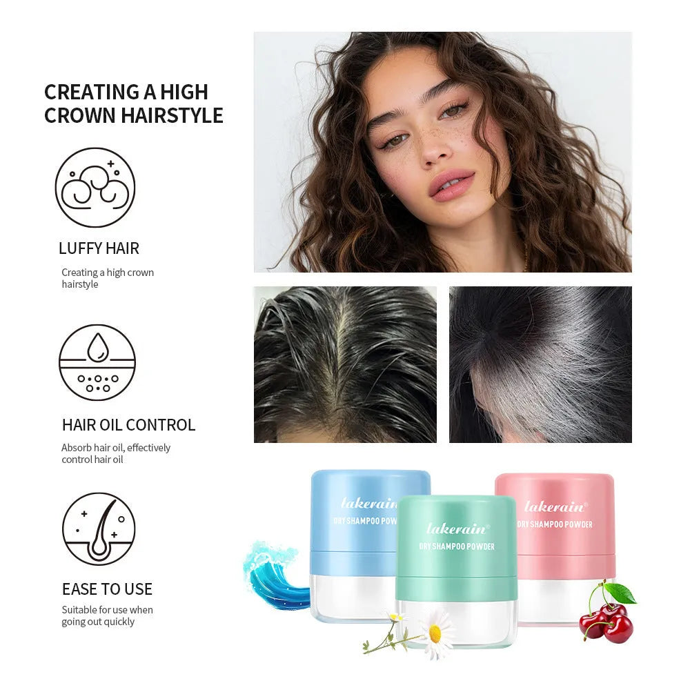 Single-use 5g packet of dry shampoo powder for oily hair, shown with floral, cherry, and ocean scent variants.
