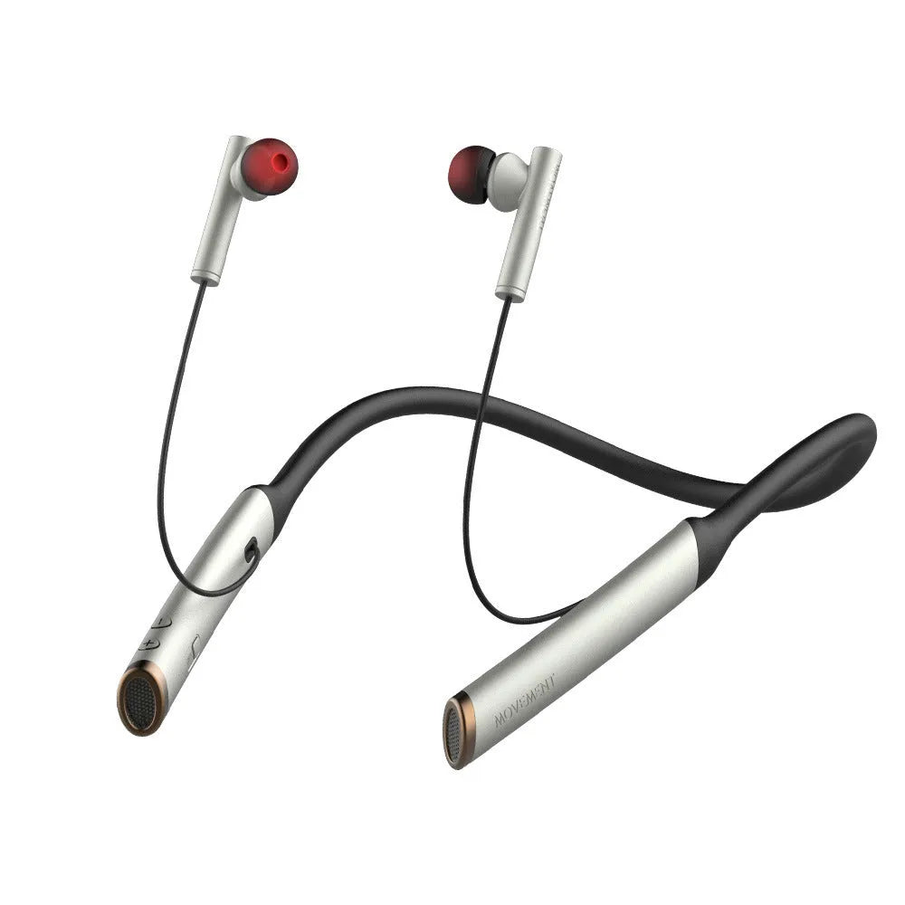 Simple neck hanging Bluetooth headphones in silver and black ABS plastic on display