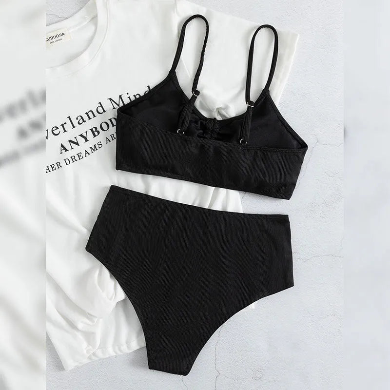 Black women's high waist bikini swimsuit with sling-split design and sleeveless top