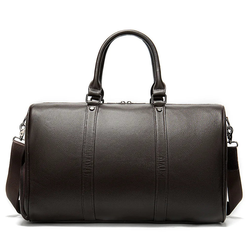 Men's black leather tote bag with single shoulder strap, shown in 44cm and 55cm length options