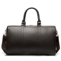 Men's black leather tote bag with single shoulder strap, shown in 44cm and 55cm length options