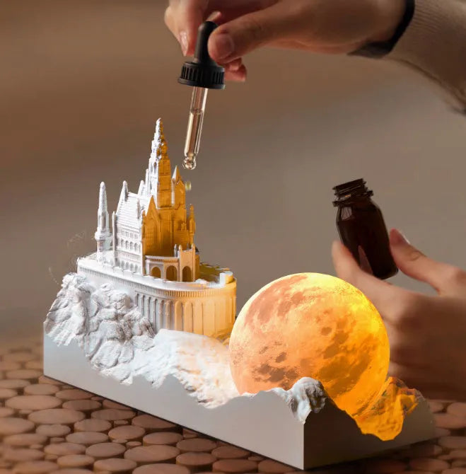 Mountain night light with touch control LED and essential oil gift box on desk