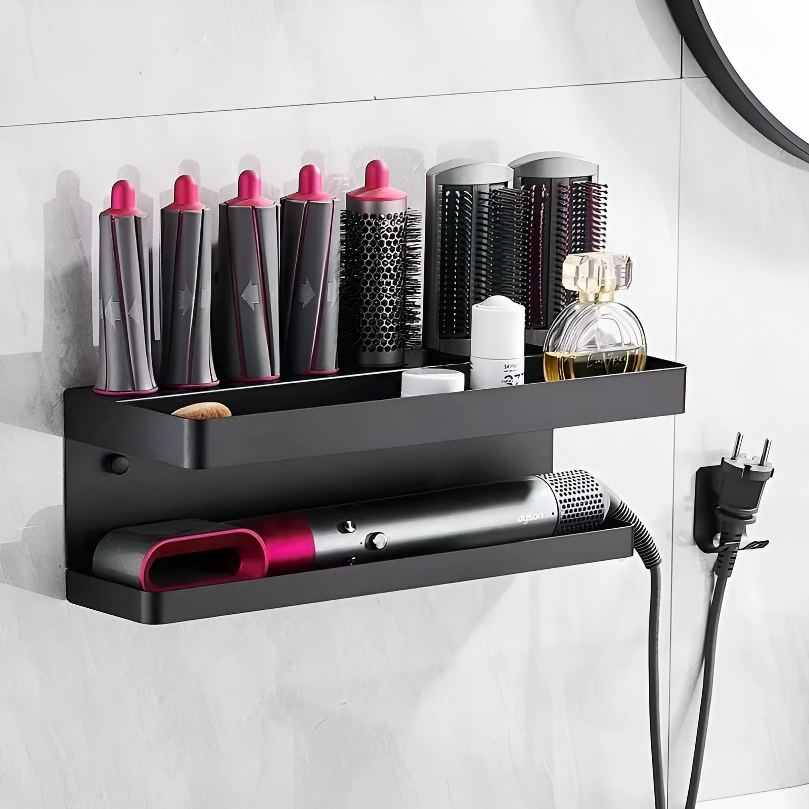 White punch-free aluminium bathroom storage rack holding Marcel wavers on double layers