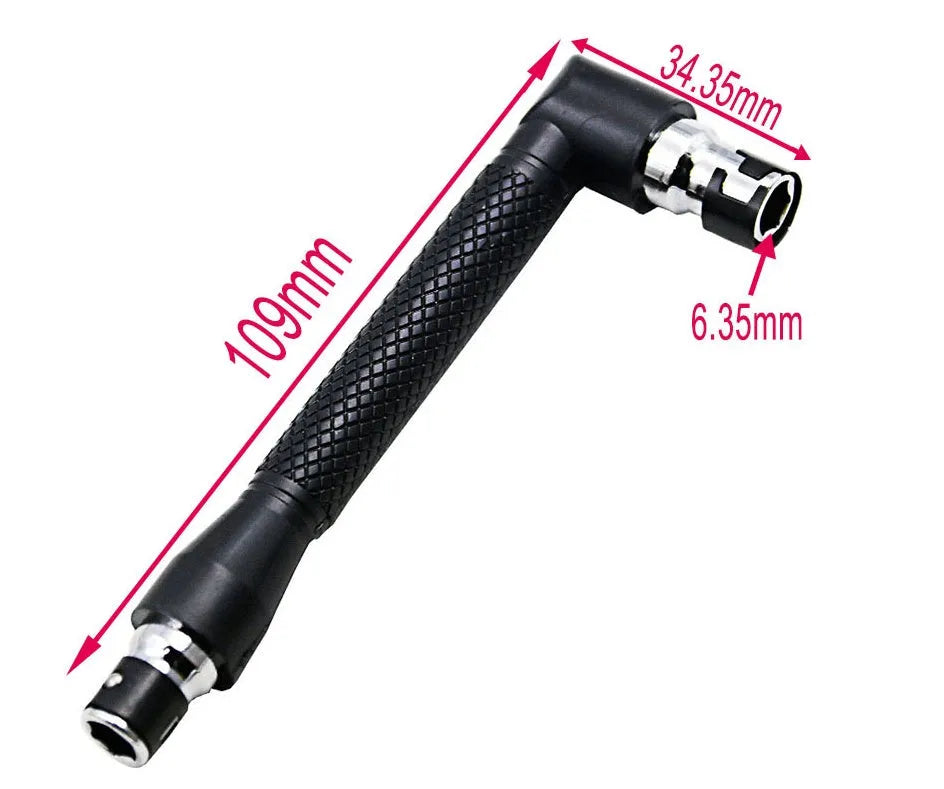 L-shaped socket wrench handle with ten double-headed drill bits and sockets on work surface