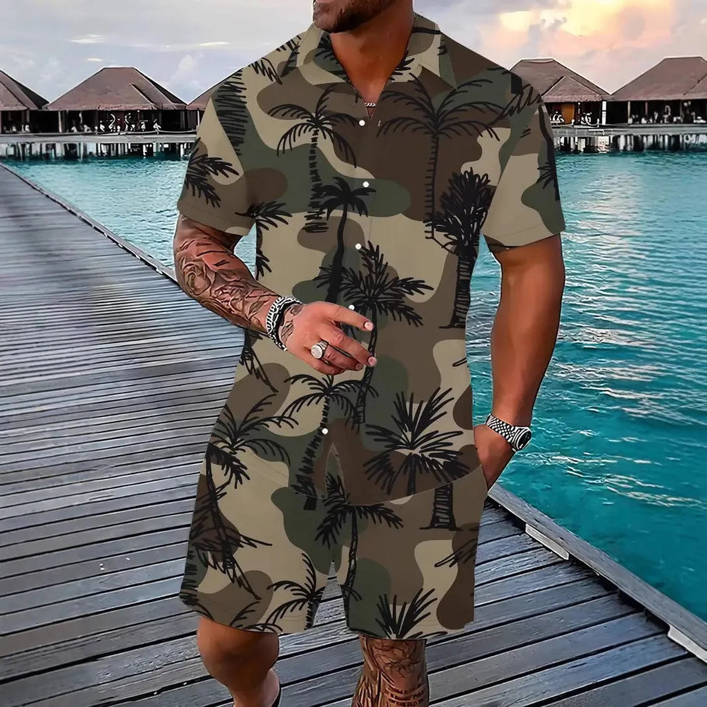 Man wearing a colourful 3D printed Hawaiian shirt and matching shorts casual set.
