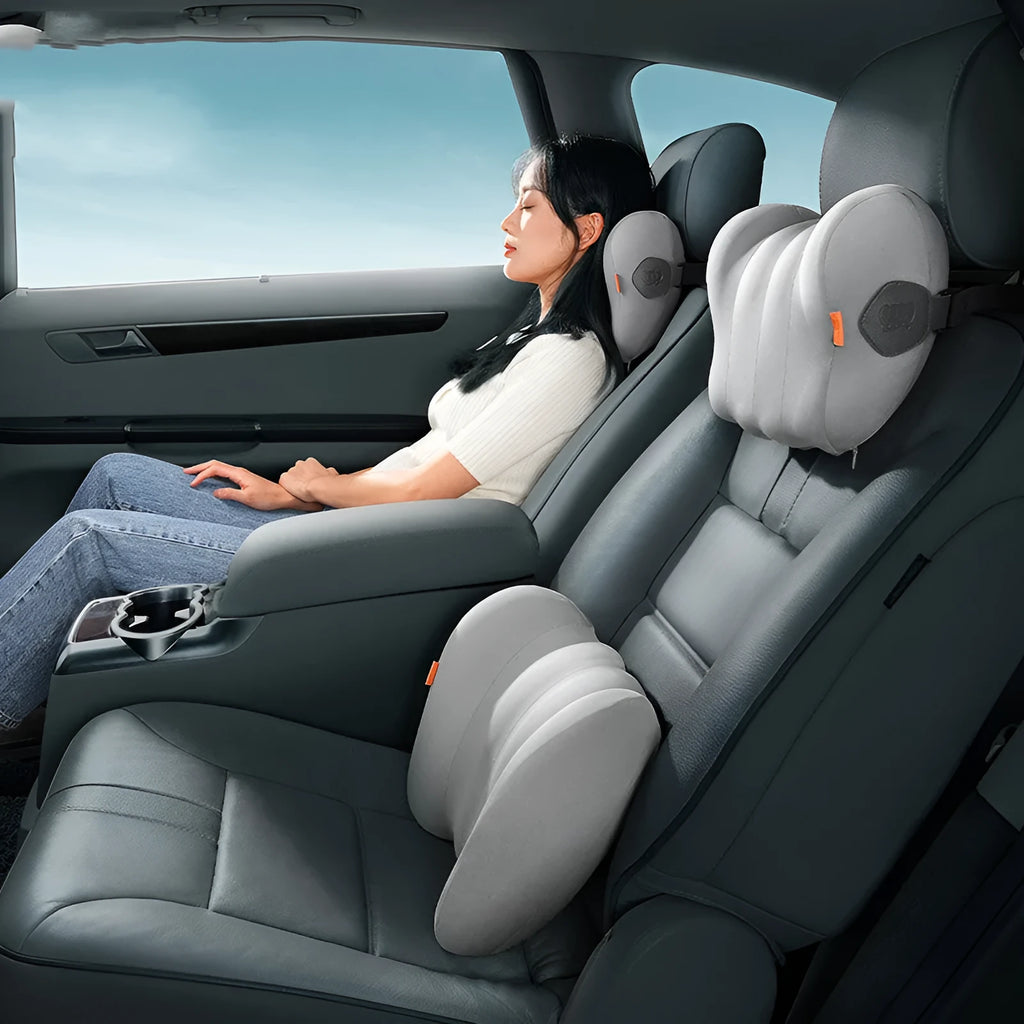 Car head restraint pillow and waist pillow set in grey or orange colours