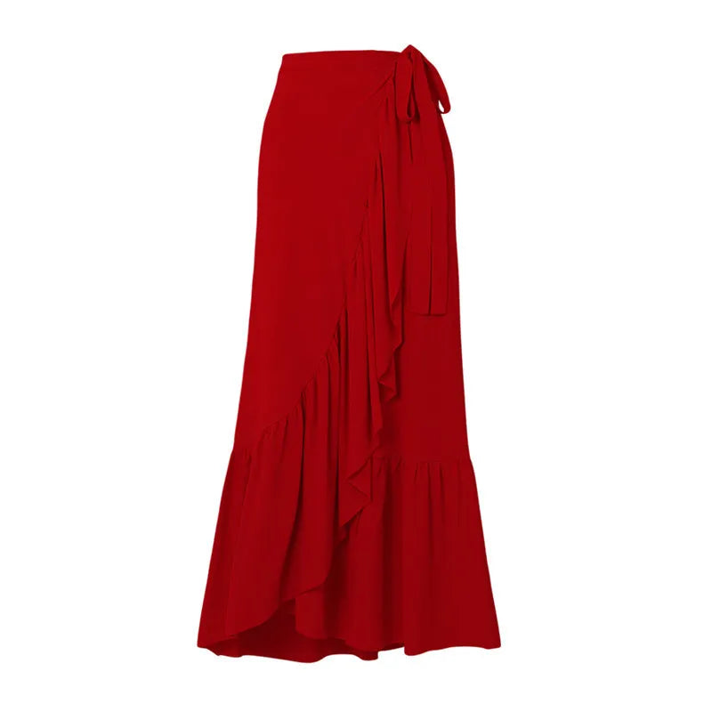 Red women's one-piece V-neck swimsuit with open back and a matching detachable skirt.