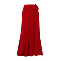 Red women's one-piece V-neck swimsuit with open back and a matching detachable skirt.