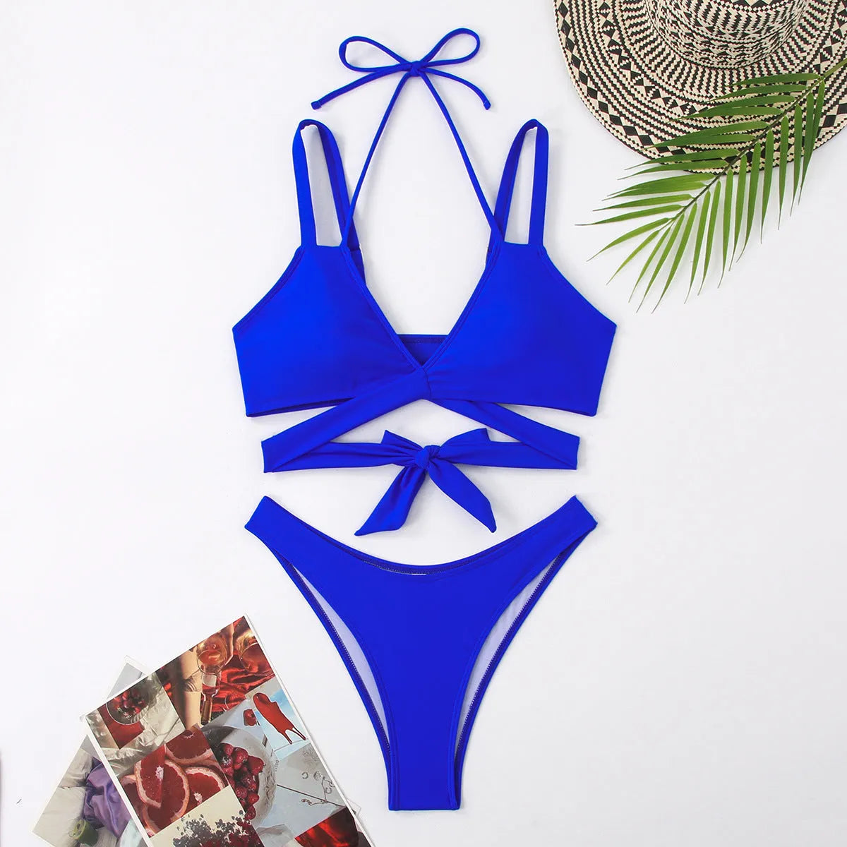 Women's solid colour strap bikini swimsuit showing briefs style and sleeveless design