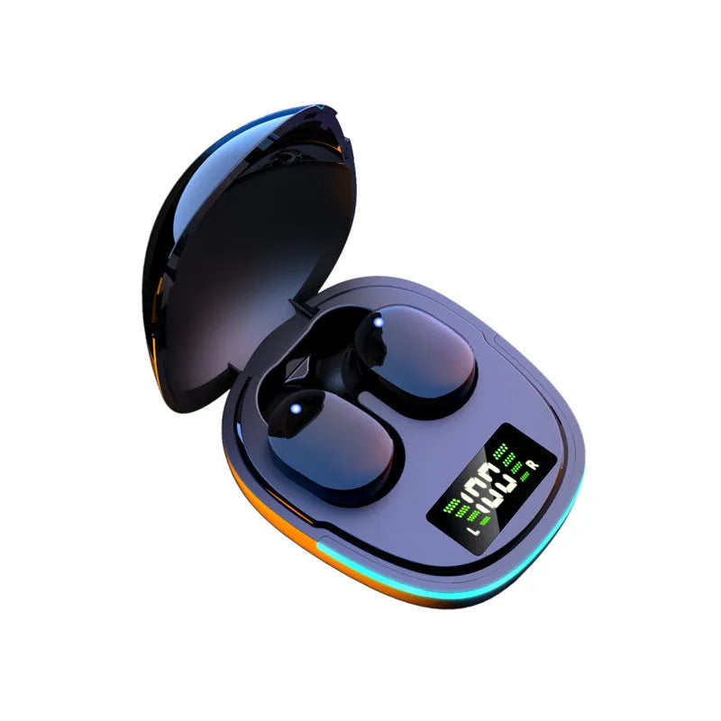 Black true wireless Bluetooth in-ear headphones with charging case showing earpieces and USB cable