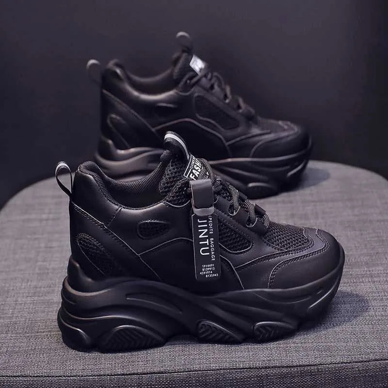 Women's black mesh platform casual shoes with hollow-out design and toe holder style on white background