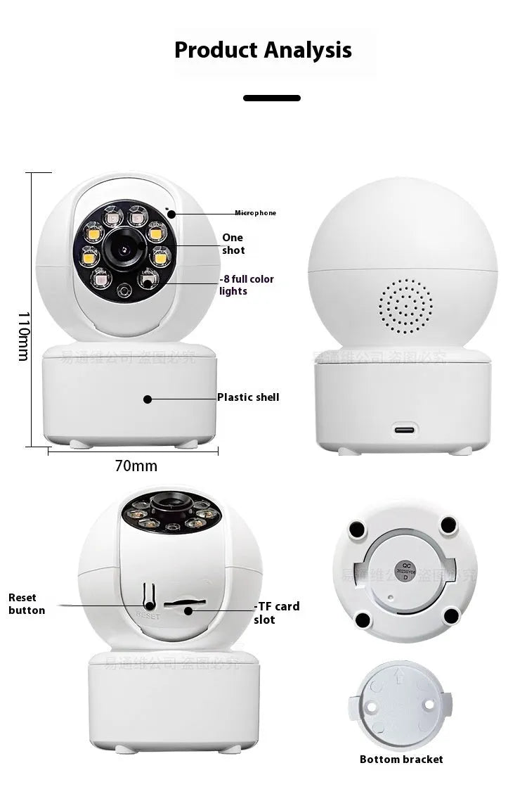 White ceiling-mounted 1080p HD home security camera with infrared LEDs for night vision