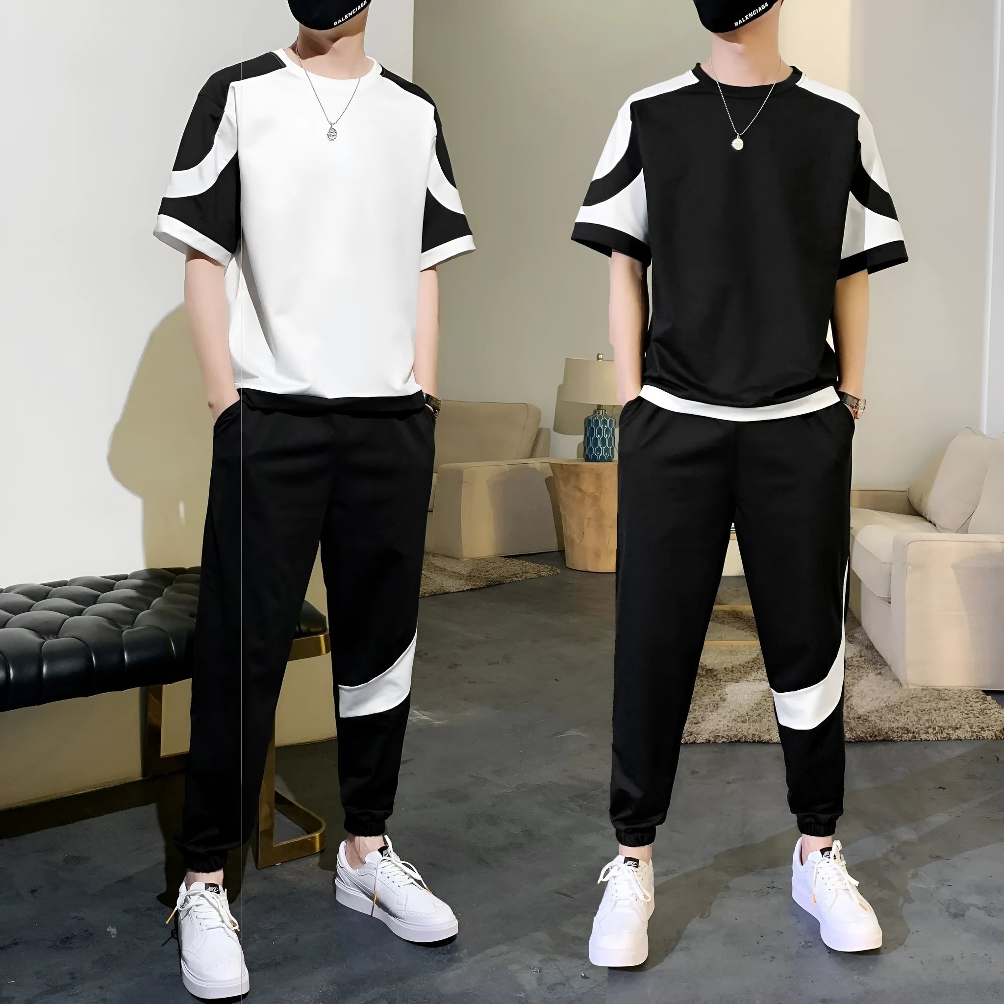 Men's summer casual suit with short-sleeved cotton blend T-shirt and matching nylon shorts in black and white sizes M to 4XL