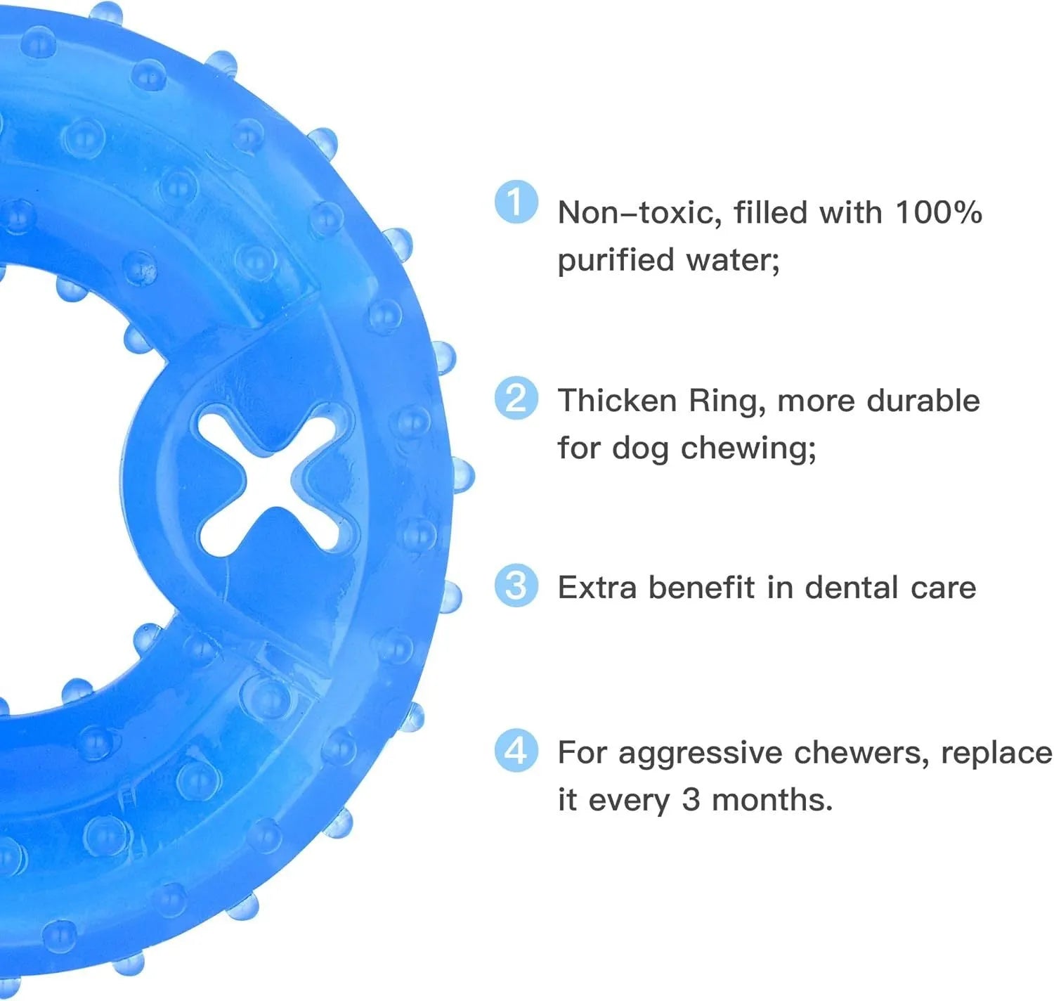 Freezable blue dog chew toy with textured surface for cooling and dental care.