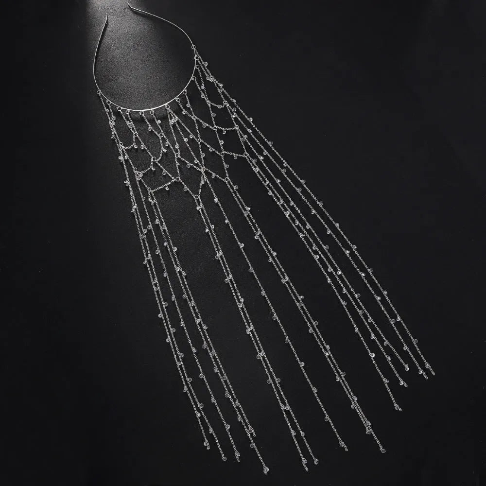 Gold or silver electroplated rhinestone headband with mesh pattern and decorative tassels