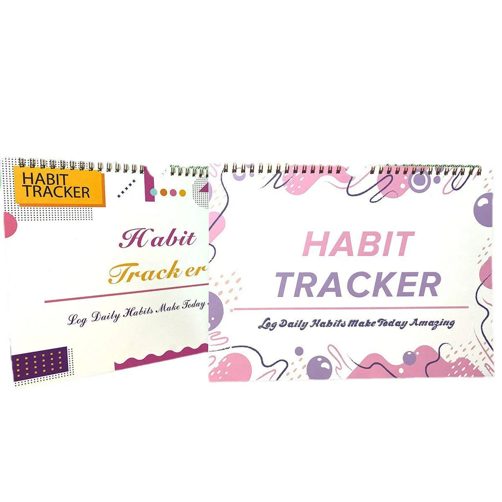 Habit tracking book with 12 pages showing colour options and 21x28cm size