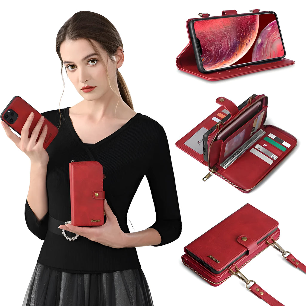 Black detachable wallet backpack phone case open, showing card slots and strong adsorption leather for a smartphone.
