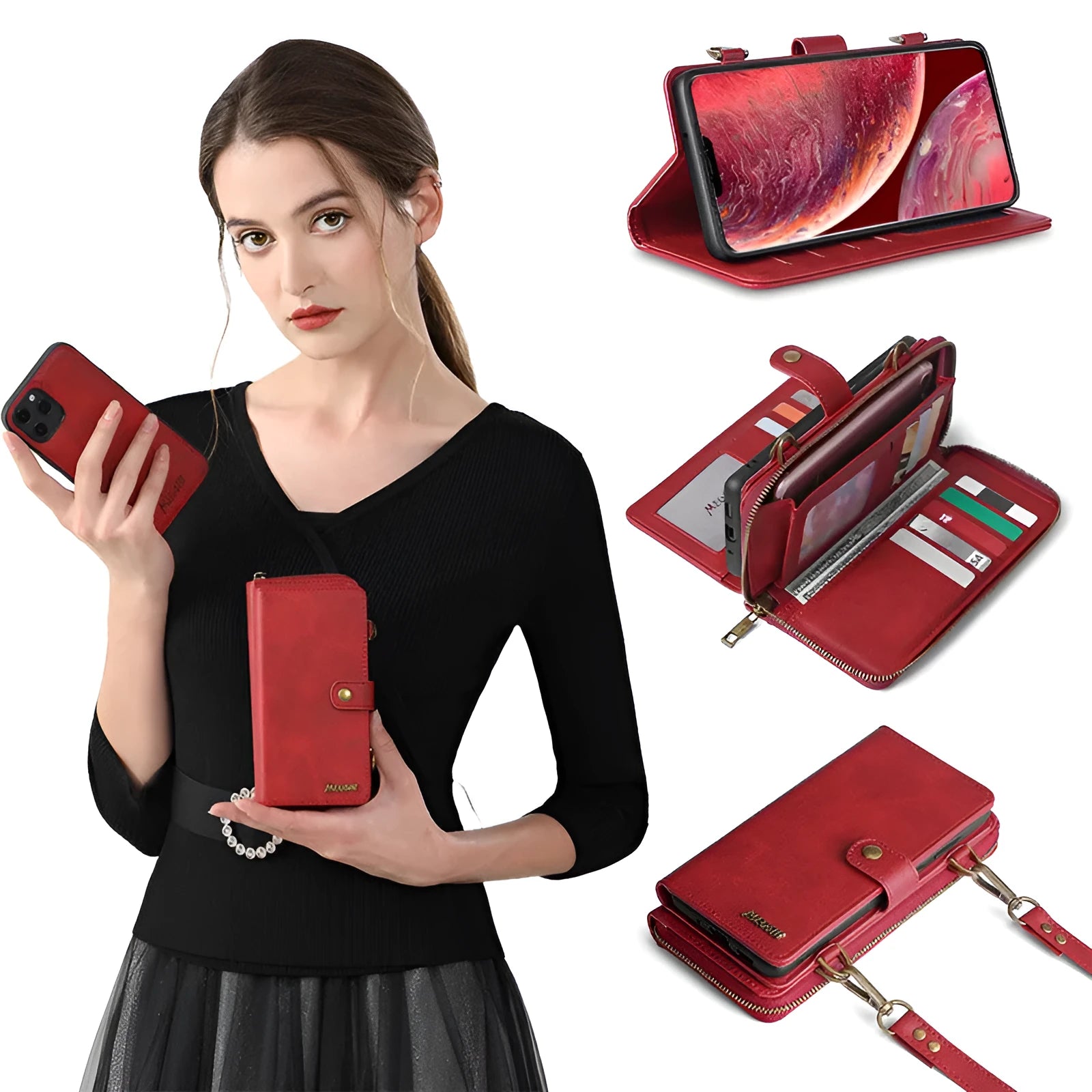 Black detachable wallet backpack phone case open, showing card slots and strong adsorption leather for a smartphone.