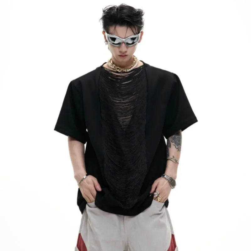 Black men's loose fit polyester T-shirt with V-neck collar and short sleeves