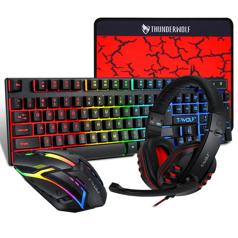 Thunder Wolf gaming keyboard and mouse set with headset and rectangular mouse pad