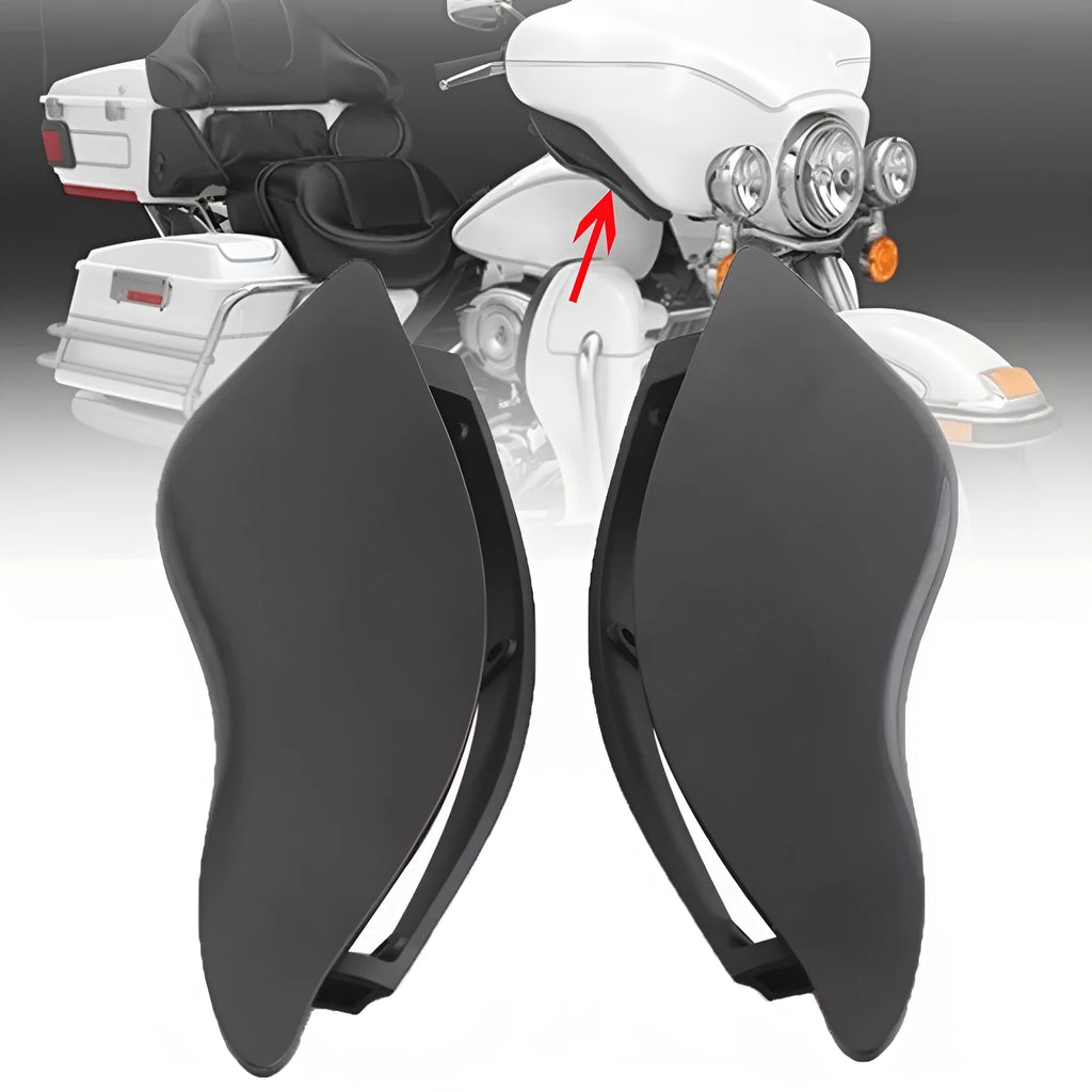 Set of two smoked ABS plastic side wings for a Harley three-wheel motorcycle windshield.