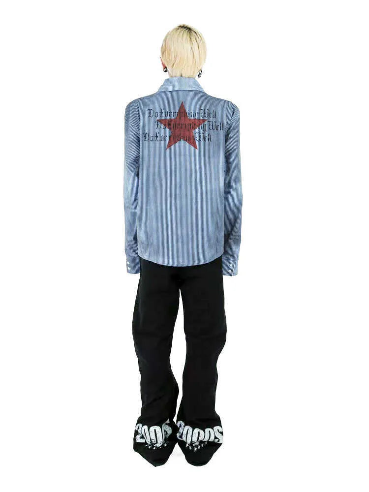Men's washed denim blue striped long sleeve casual shirt with lapel collar on a hanger.
