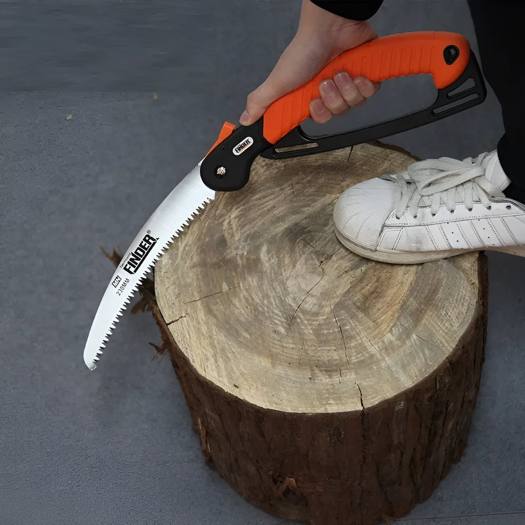 Garden folding hand saw with extended 230mm blade showing TPR grip and 65MN steel construction
