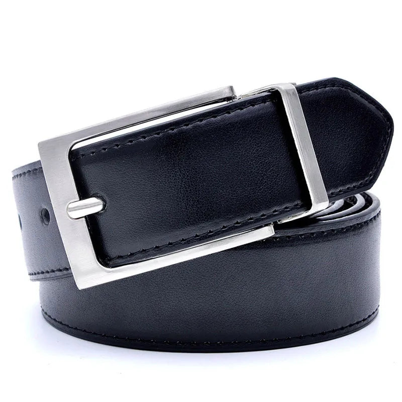 Men's dark brown and black genuine leather belt with a rotating alloy pin buckle.