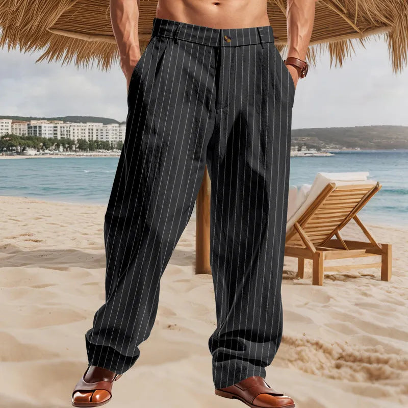 Men's linen striped high waist wide leg pants in light khaki colour, loose fit, button fly