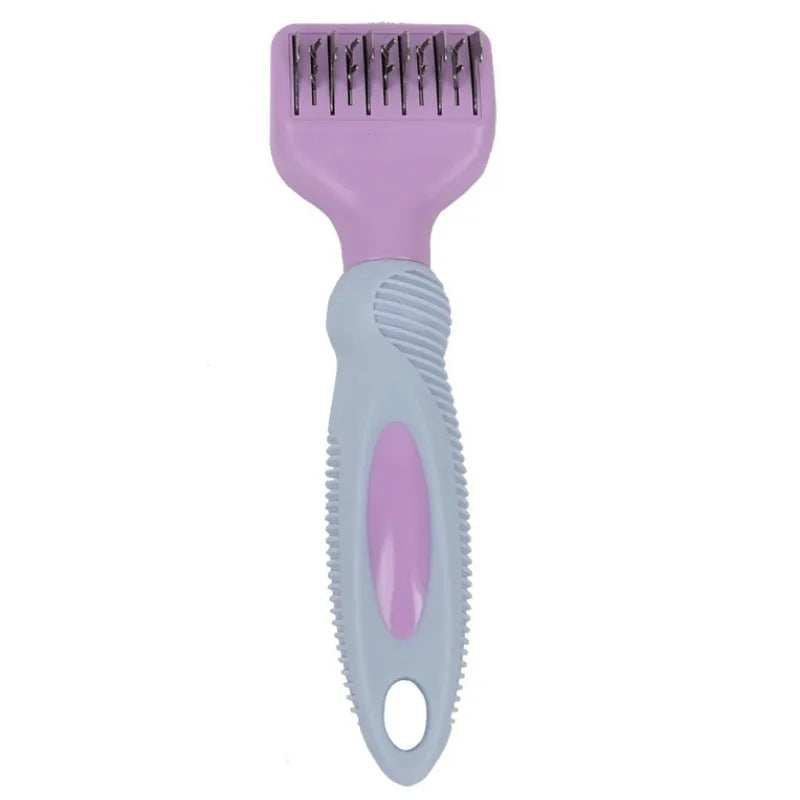 Stainless steel dog comb and knot knife set with massage brush on a pink background