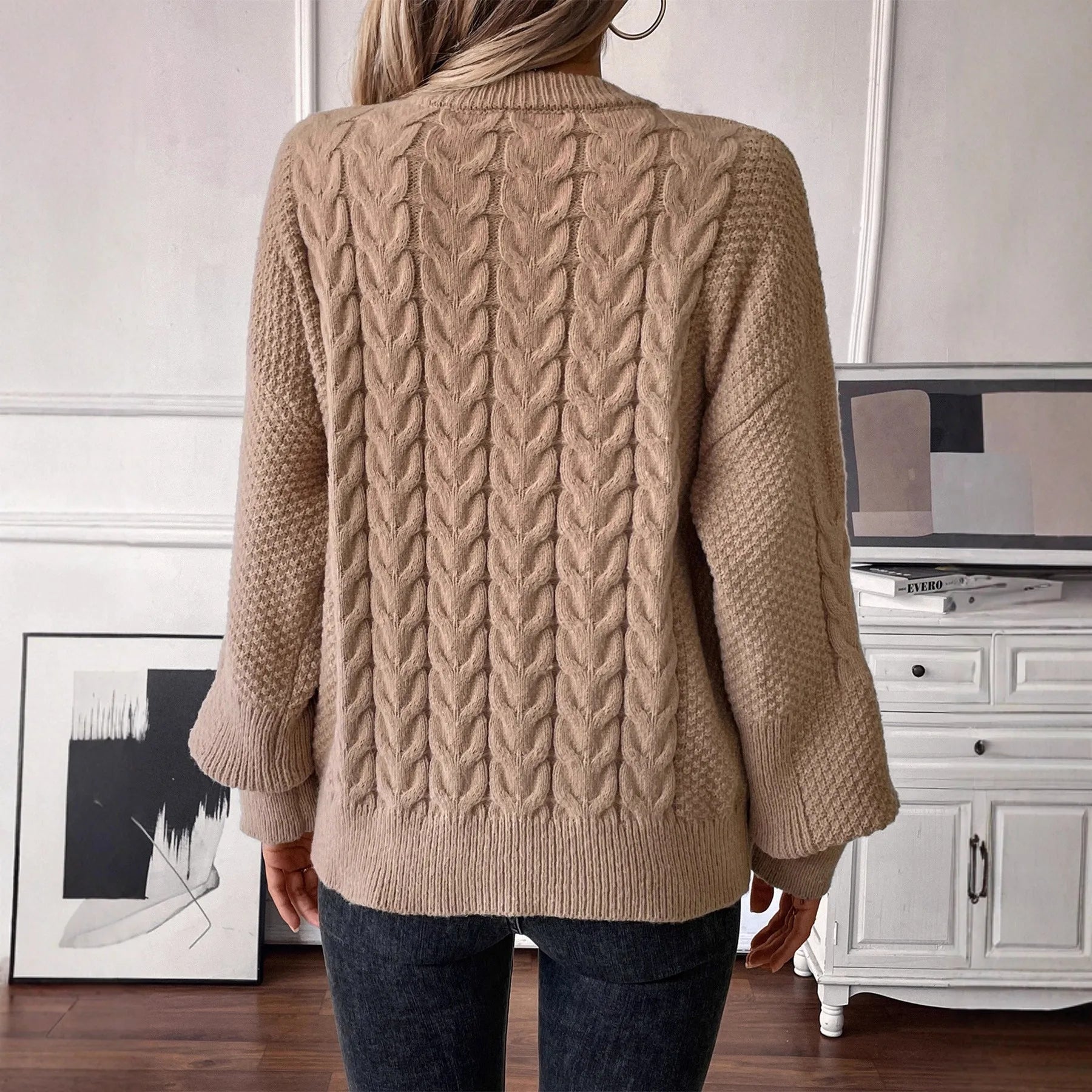Women's loose fit casual polyester sweater in khaki colour with round neck and regular sleeves