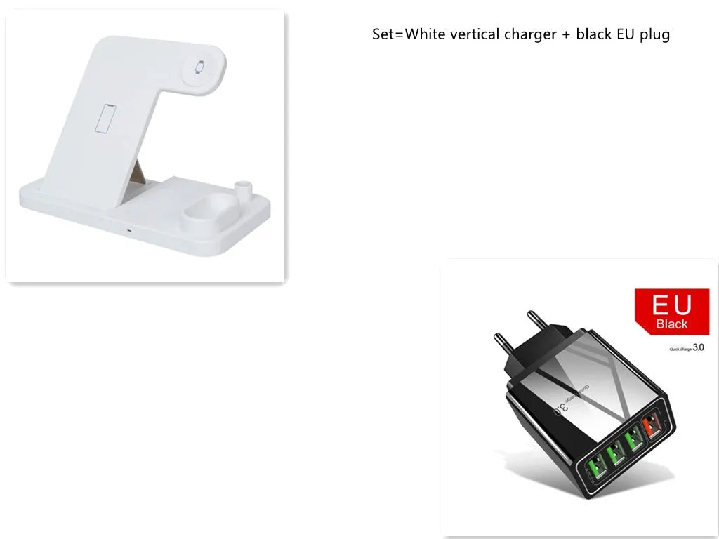 4-in-1 wireless charging station showing phone, Apple Watch, AirPods and Apple Pencil charging simultaneously on adjustable stand